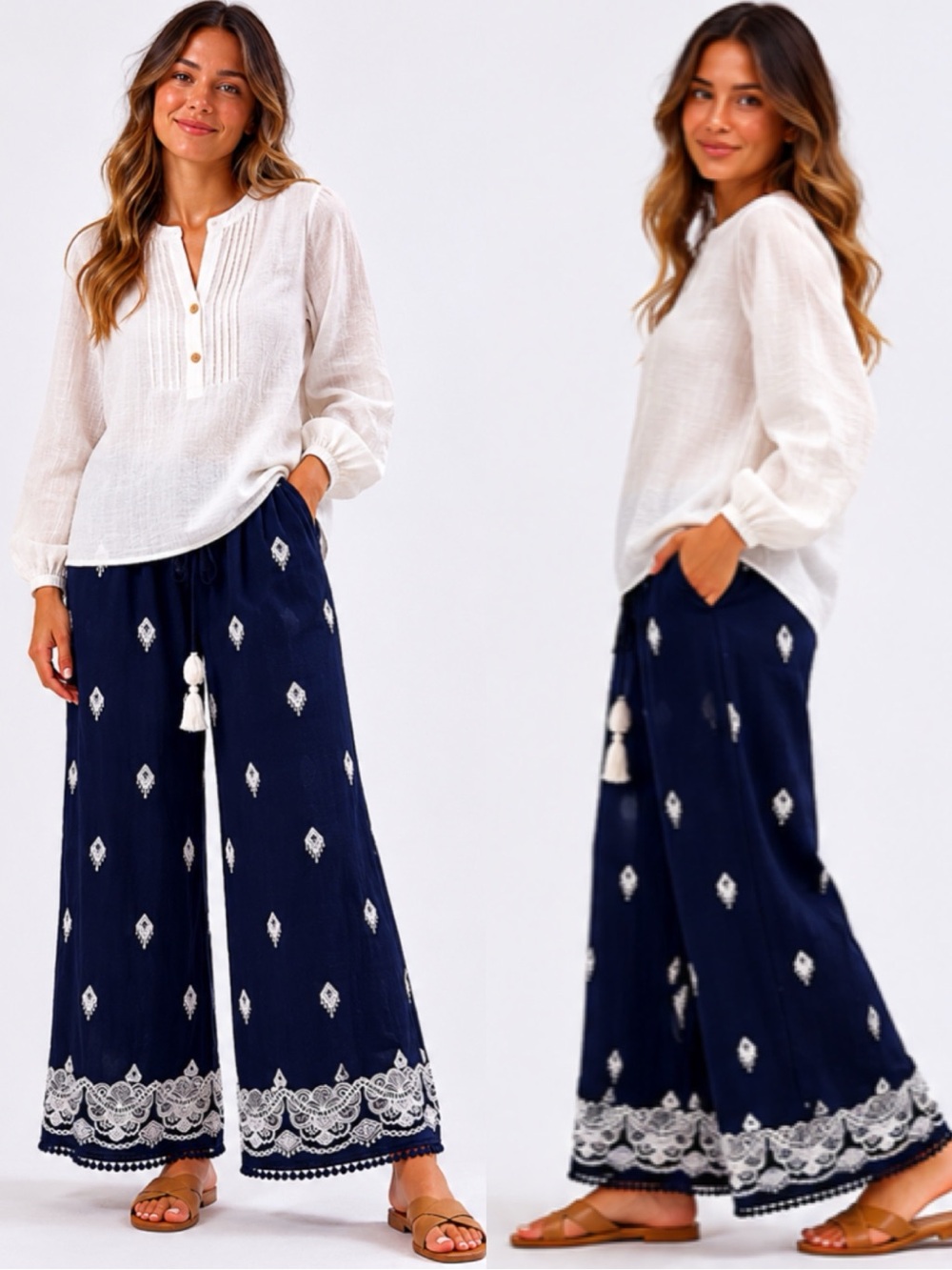 Sundance Womens Blue White Embroidered Giselle‎ Cropped Pants size XS